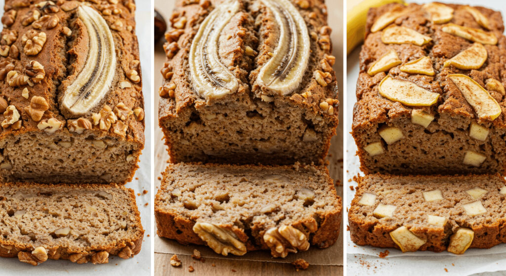 Three variations of banana bread: one topped with banana slices and walnuts, another with chopped apples, and the third displaying apple pieces throughout