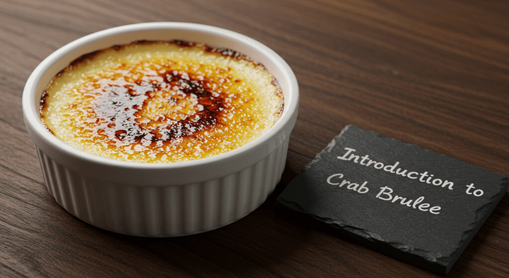 A close-up of a beautifully presented Crab Brulee dish in a ramekin, featuring a golden caramelized sugar crust and garnished with fresh herbs