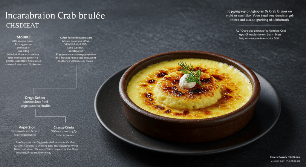 A detailed presentation of Crab Brulee in a ramekin, showcasing a golden caramelized sugar crust and garnished with fresh herbs, set against a dark background