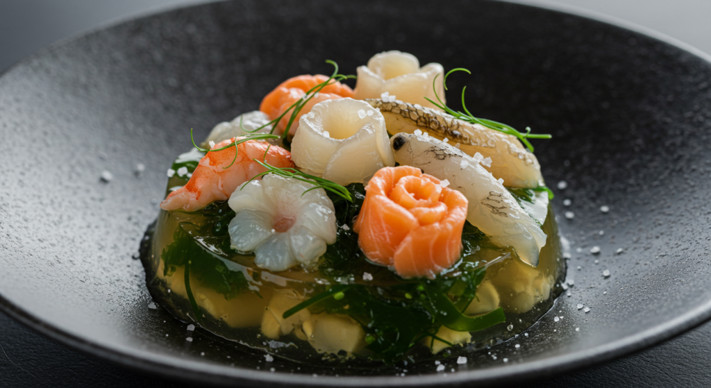 A refined seafood dish with rose-shaped salmon and shrimp pieces, served on a bed of savory jelly, garnished with herbs and sea salt, in a black bowl