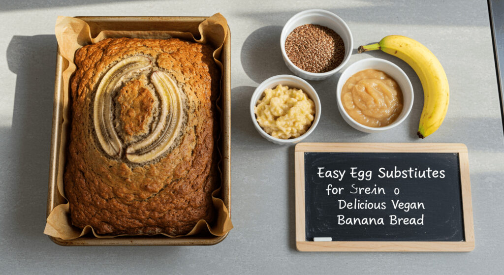 Easy egg substitutes for delicious vegan banana bread, featuring options like mashed bananas, flaxseed meal, and applesauce, with a warm design of ripe bananas and a loaf of banana bread