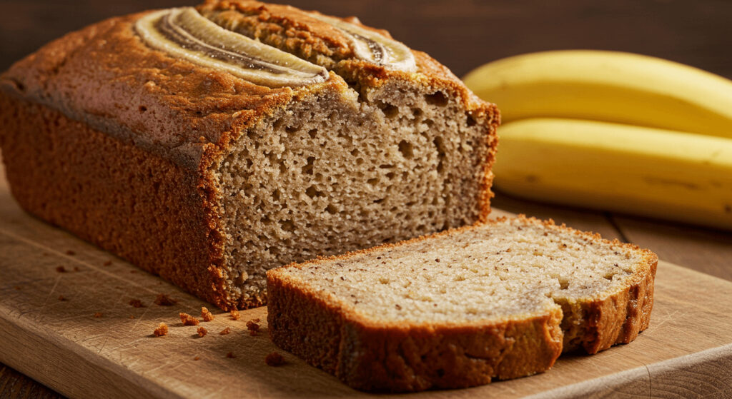  Sliced banana bread loaf with fresh bananas in the background