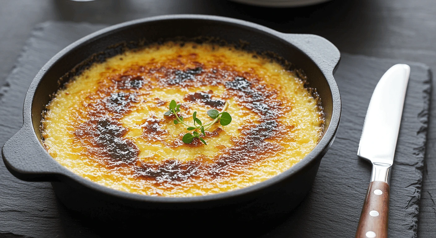 A close-up of a perfectly baked Crab Brulee, featuring a golden caramelized crust on top, with creamy custard and tender crab meat visible beneath. Garnished with fresh herbs and served in a rustic ramekin, this dish is a luxurious blend of savory and sweet flavors