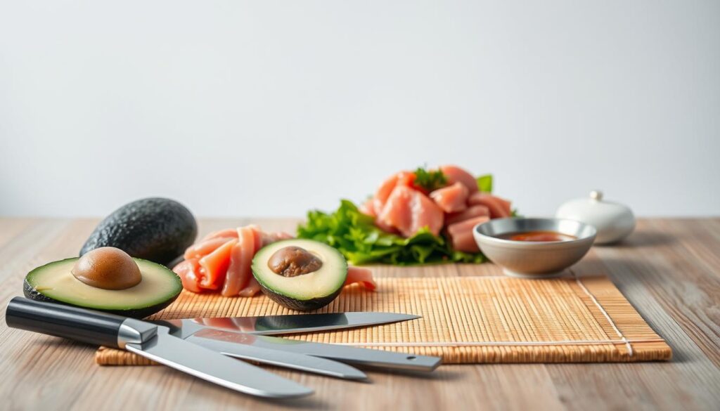 sushi ingredients and tools